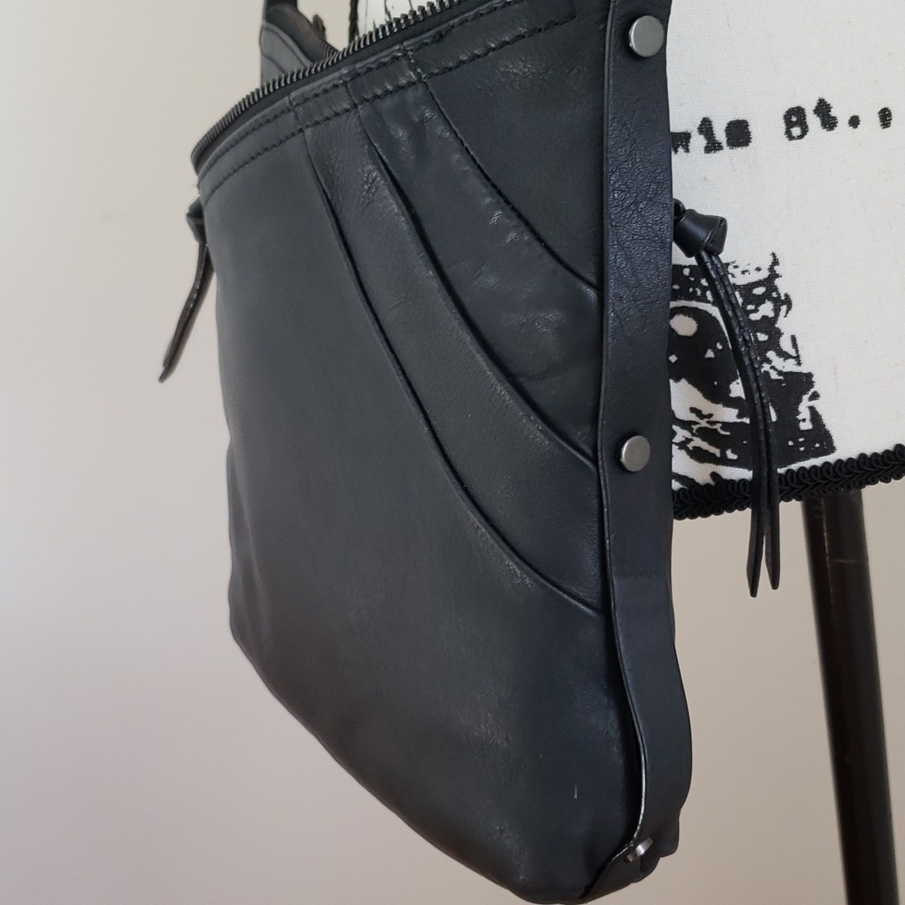 Kooba Black Leather Double Zip Crossbody adjustable strap bag.